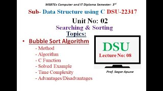 Data Structure | Lecture-8 | Unit-2 | Bubble Sort Algorithm  | DSU | MSBTE