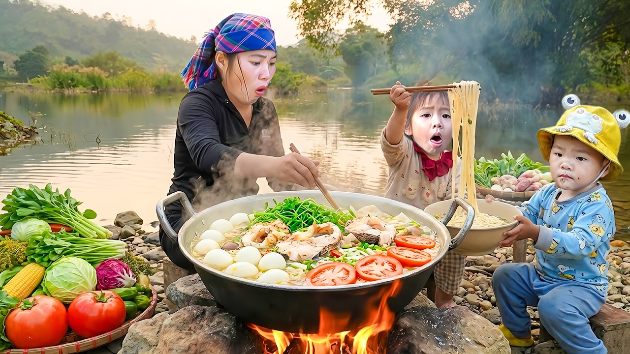 Harvest River fish and Vegetables to Sell at Market - Cooking with two small children