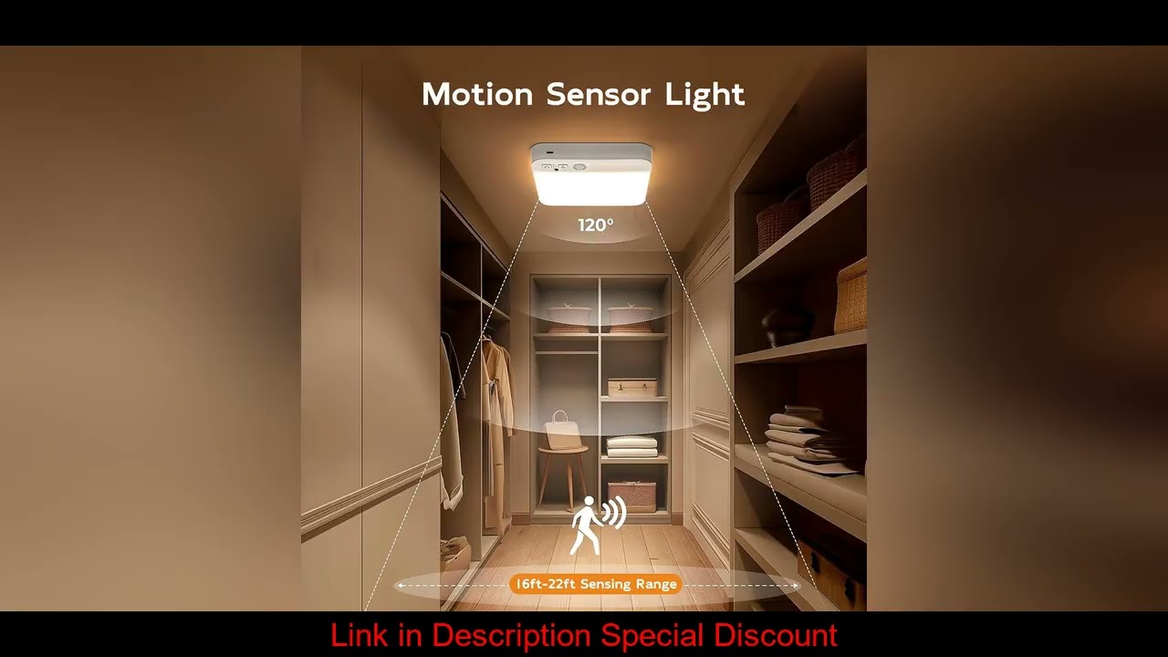 PIR Motion Sensor Ceiling Light USB Rechargeable Dimmable 3 Colors Remote Control Timer Wireless LED