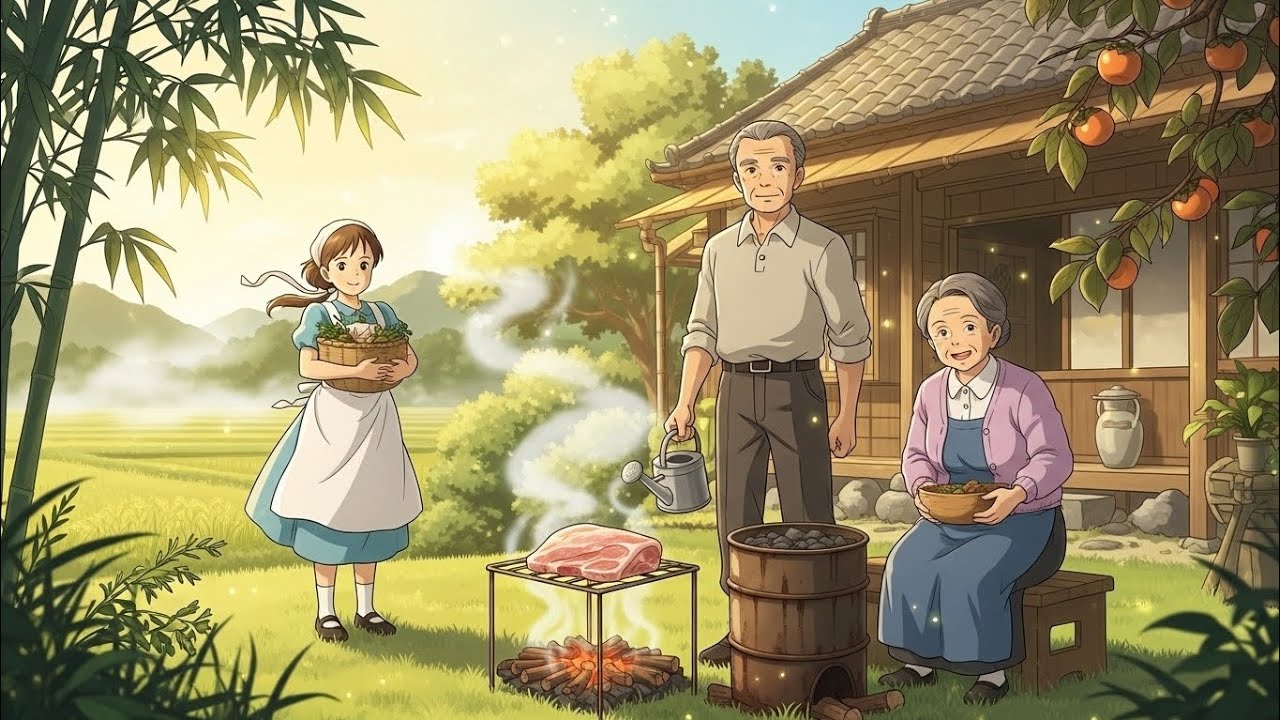 Ghibli-Style ASMR Slow Village Life Buying Smoking Fresh Pork Cozy Home Cooking and Peaceful 