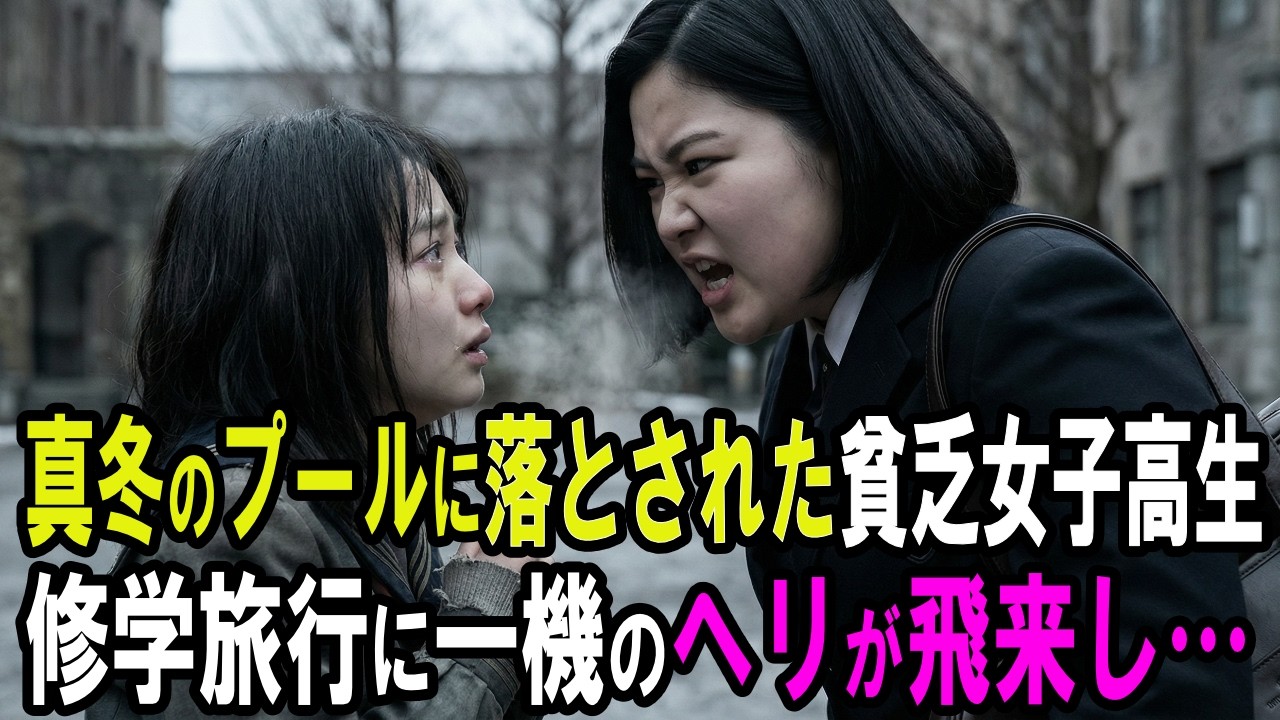 【スカッと】真冬のプールに母の形見を捨てられた貧乏女子高生「もう我慢なりません」→震える手でガラケーを押した結果…修学旅行先に黒塗りの車列とヘリが到着し、学校中が震え上がったｗ