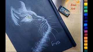رسم قطة على ورق اسود drawing in black paper