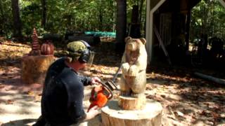 Time lapse chainsaw carving a small brown bear, by Mark Poleski Mark sculpts a small brown bear with a chainsaw, grinder, sand paper, chisels and torch. Wood sculptor Mark Poleski carves wildlife