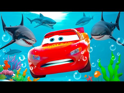 Drowned LIGHTNING MCQUEEN vs SHARK on the OCEAN FLOOR! Chick Hicks push? Underwater World Pixar Cars