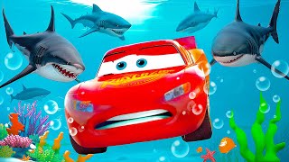 Drowned LIGHTNING MCQUEEN vs SHARK on the OCEAN FLOOR! Chick Hicks push? Underwater World Pixar Cars