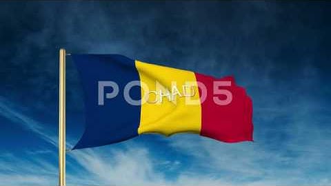 Chad Flag Slider Style With Title. Waving In The Wind With Cloud Background