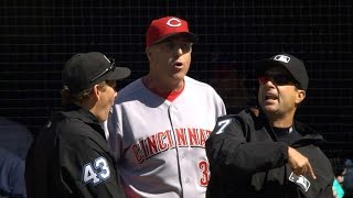 5/23/15: manager bryan price gets in a dispute with the umpires while
bringing out lineup card and is ejected before game starts check
http://m.m...