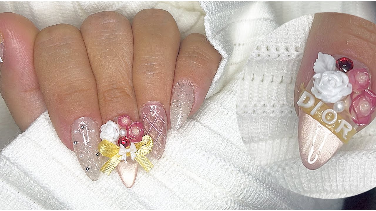 Luxury Dior Inspired Flower Nails 🌸  ASMR Gel Tutorial (Subtitles)