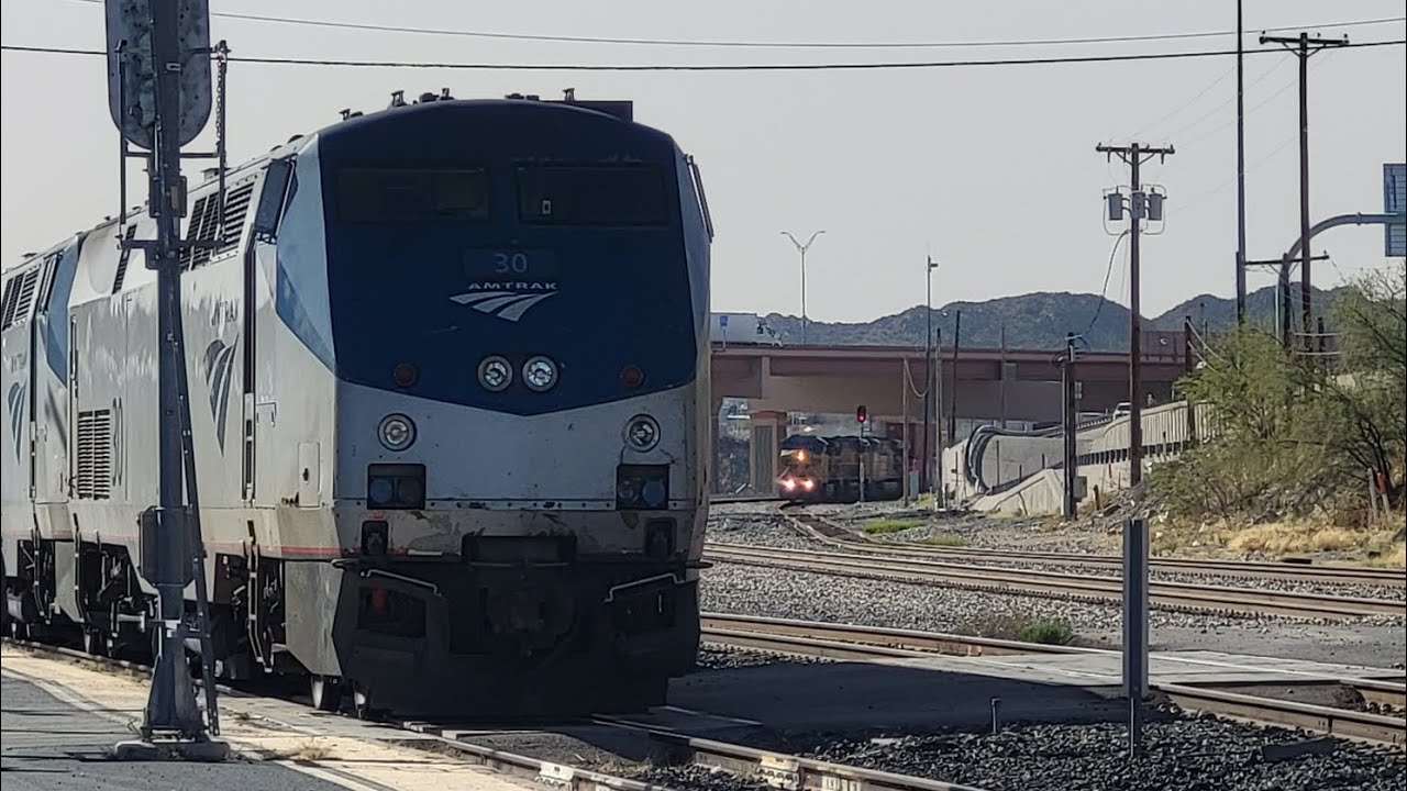 Amtrak Sunset Limit arriving El Paso Union Station plus lots of Union Pacific train traffic
