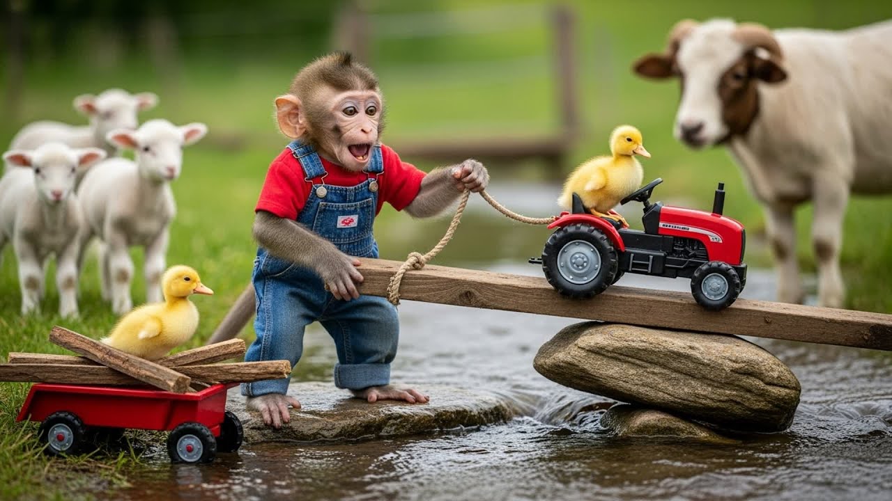 GON and GOLDIE Uses Tractor Rock Pivot to Build Bridge for Lambs! 🐒🐥🚜🐑