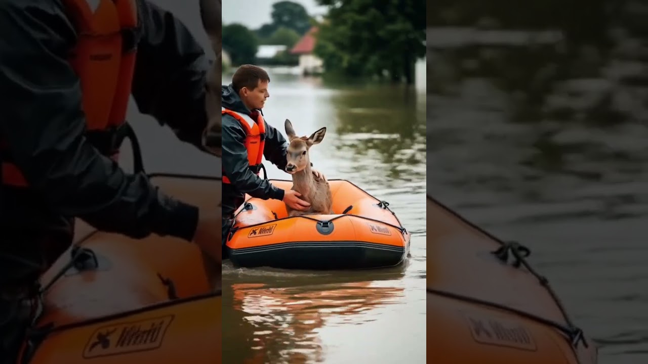 Deer Rescued Using Inflatable Raft During Floods 