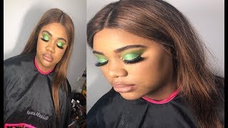 Client Makeup Green Glitter Glam round cut crease | RavenAlexisD