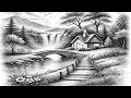 Beautiful Waterfall Landscape Pencil Drawing | Easy Nature Scenery Sketch Step by Step