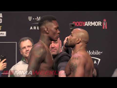 ufc-248-ceremonial-weigh-in:-israel-adesanya-vs-yoel-romero-weird-extended-face-off