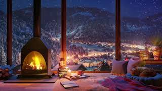 4K Snow Night on Window at Christmas Coffee Shop Ambience  Relaxing Jazz Music to Relax/Study to