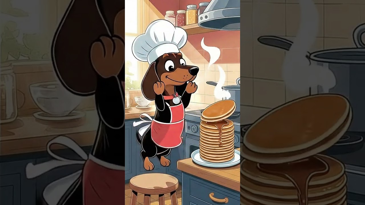 Hat, Apron, Action! Dachshund’s Cartoon Pancake Flip Mastery