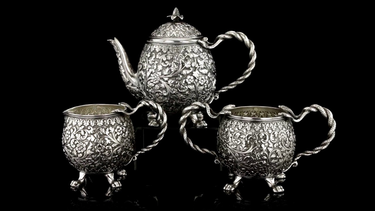 ANTIQUE 19thC INDIAN CUTCH SOLID SILVER 3 PIECE TEA SET c.1890