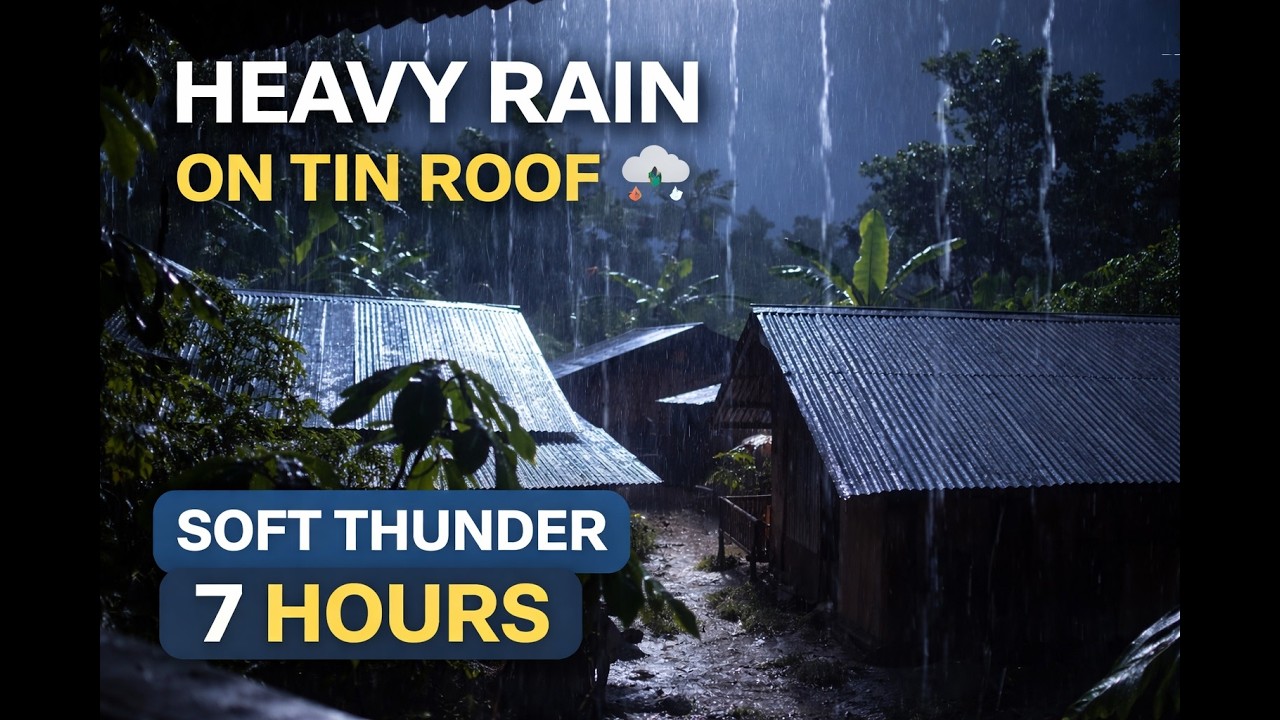 Heavy Rain on Tin Roof with Soft Thunder 🌧️ 7 Hours Night Rain Sounds for Deep Sleep (No Ads)