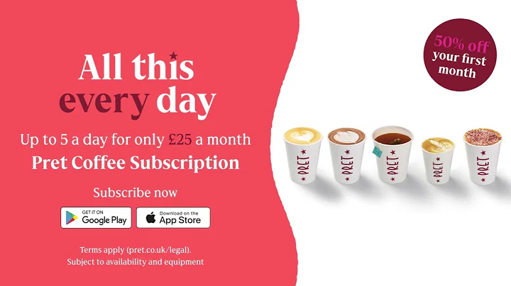 Pret's Coffee Subscription includes up to 5 Barista-made drinks a day.