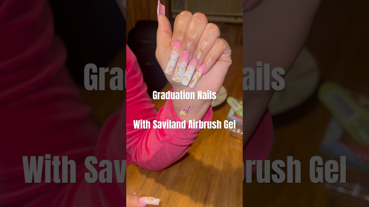 Graduation Nails 🎓 Using Saviland Airbrush Gel Kit | Pink & White Ombré Nails | Super Easy 🩷🤍
