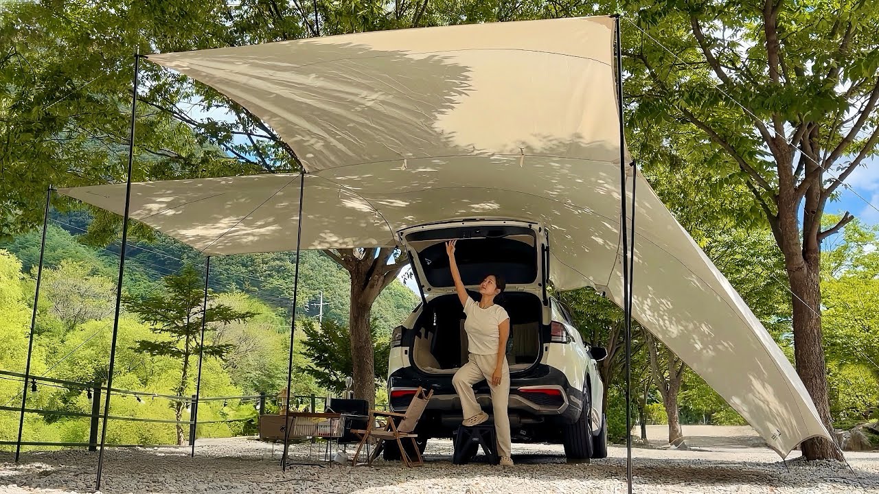 텐트 없이 천막 하나로 거대한 그늘 만들어 나홀로 차박캠핑⛺️ 가을 제철 꽃게탕에 소주한잔 • 스포티지차박 • 괴산차박 • 더하루만 캠핑장 • 그래가 직영 캠핑장 • 솔로캠핑