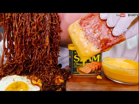 ASMR SPICY CHEESE <strong>BLACK</strong> BEAN NOODLES &amp;amp; CHEESE SPAM 사천짜계치 짜파게티 &amp;amp; 계란 &amp;amp; 치즈 &amp;amp; 통스팸 먹방 <strong>REAL</strong>
