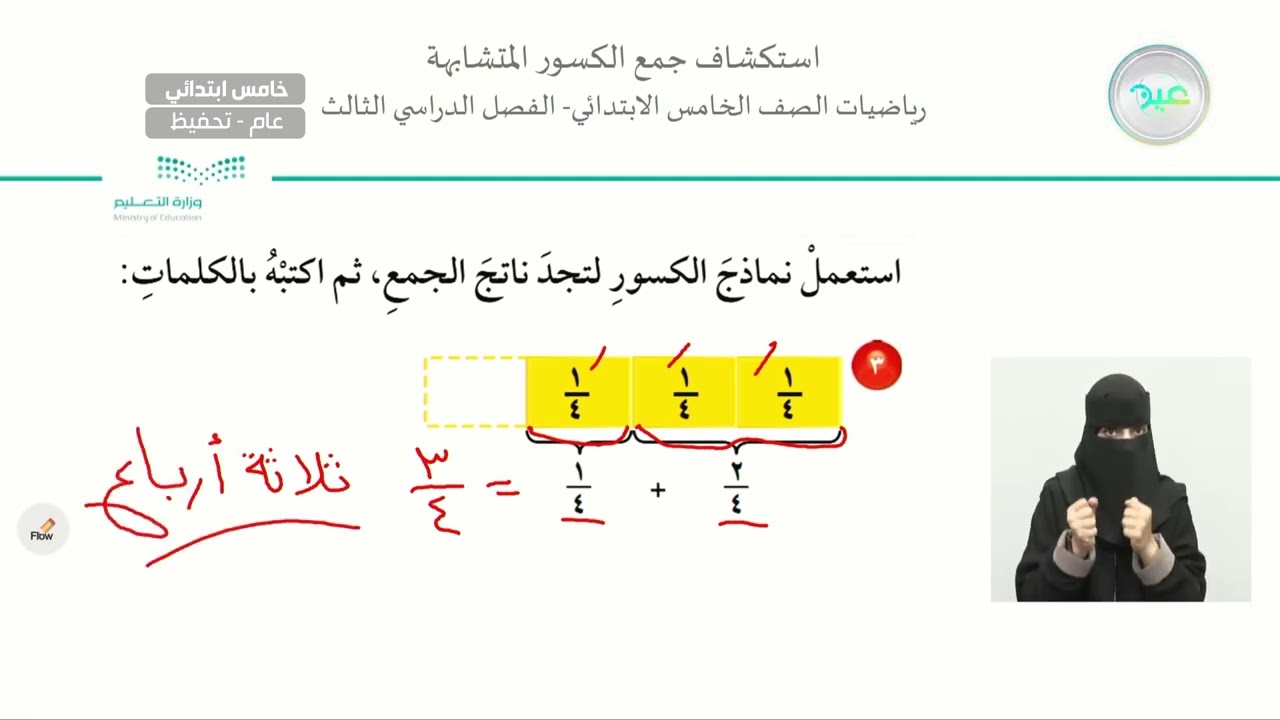 استكشاف جمع الكسور المتشابهة - الرياضيات - خامس ابتدائي