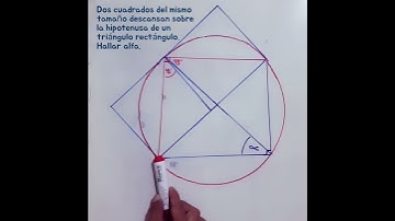 Dos cuadrados del mismo tamaño sobre la hipotenusa de un triángulo rectángulo. Hallar alfa.