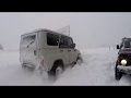 На бездорожье в Московский снегопад . Не проходимый маршрут. Мега УАЗ.