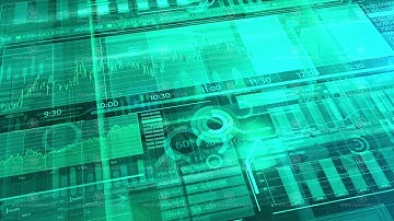 Cyan background with animated stock trading data.