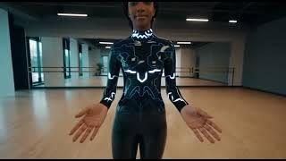 African woman in latex catsuit looking at herself in the mirror, Sora 2