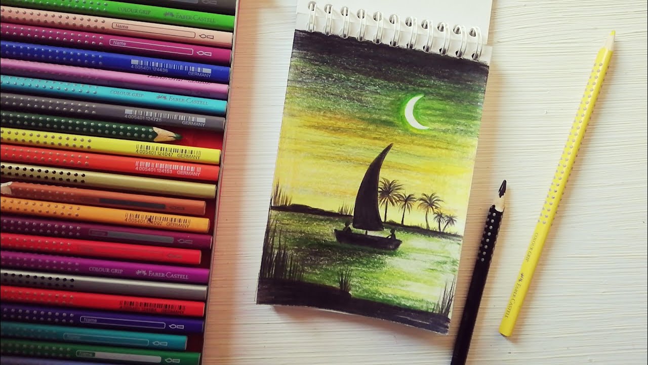 رسم منظر طبيعي سهل بالالوان الخشبية  Drawing easy landscape with coloured pencils