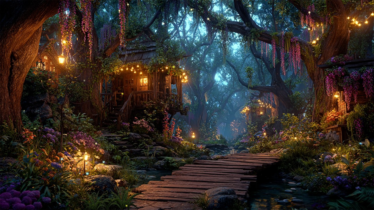 Fairy-Tale Sleep Music with Magical Village Forest | Enchanted Nature, Stream & Fireflies Sounds