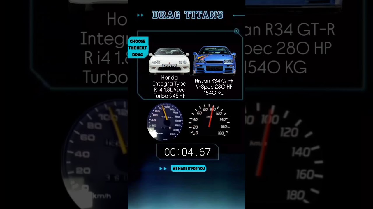 Honda Integra Type R i4 1.8L Vtec Turbo 945 HP vs Nissan R34 GT-R V-Spec 280 HP 1540 KG