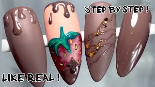 STRAWBERRY Nails in CHOCOLATE art 😵! Step by step tutorial ! | KMF Nails Design