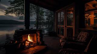 Relaxing Cozy Porch Cabin with Gentle Fireplace on Rainy Day for Sleeping, Relaxation