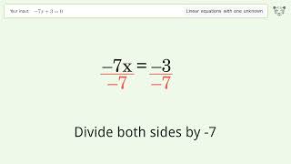 Solve -7x+3=0: Linear Equation Video Solution | Tiger Algebra