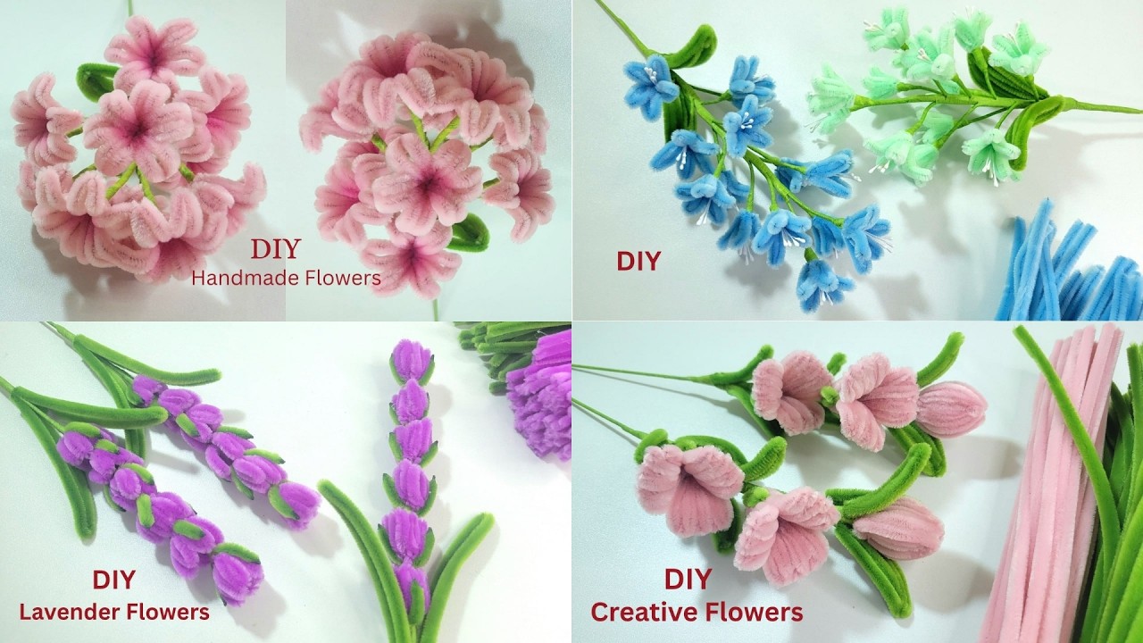DIY Handmade! 4 Flowers Idea Easy to make for everyone from pipe cleaner. Tutorial tips.