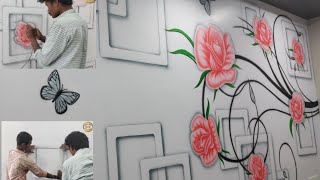 Rose flowers 3d wall airbrush painting designs||airbrush art ideas||3d spray painting ideas