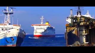 Container ship sails straight to shore right