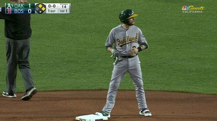 OAK@BOS: Lowrie crushes an RBI double to center