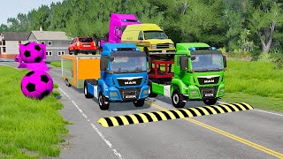 Double Flatbed Trailer Truck vs Speedbumps Train vs Cars | Tractor vs Train Beamng.Drive 022