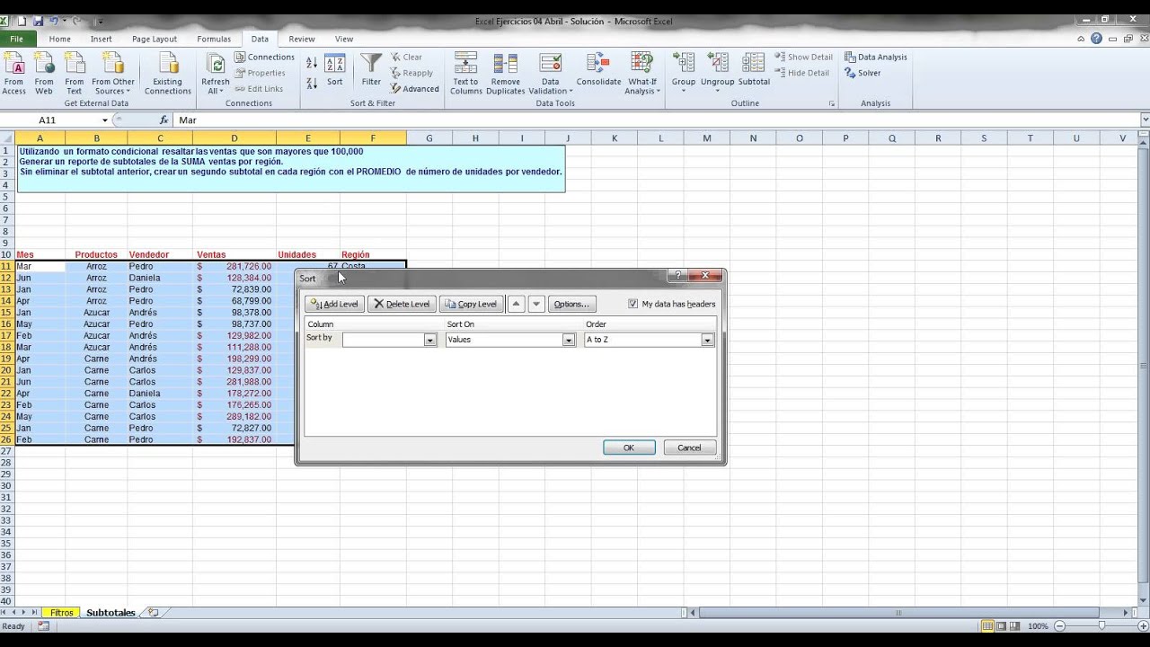 Excel Ejercicios 1 Filtros y Subtotales - YouTube