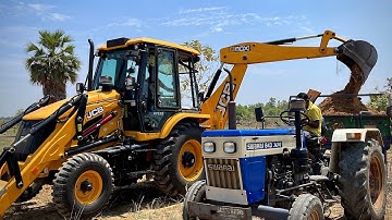 New JCB 3DX Backhoe Loader Mud Loading In Swaraj 843XM Tractor And Mahindra 415DI Tractor Trolley