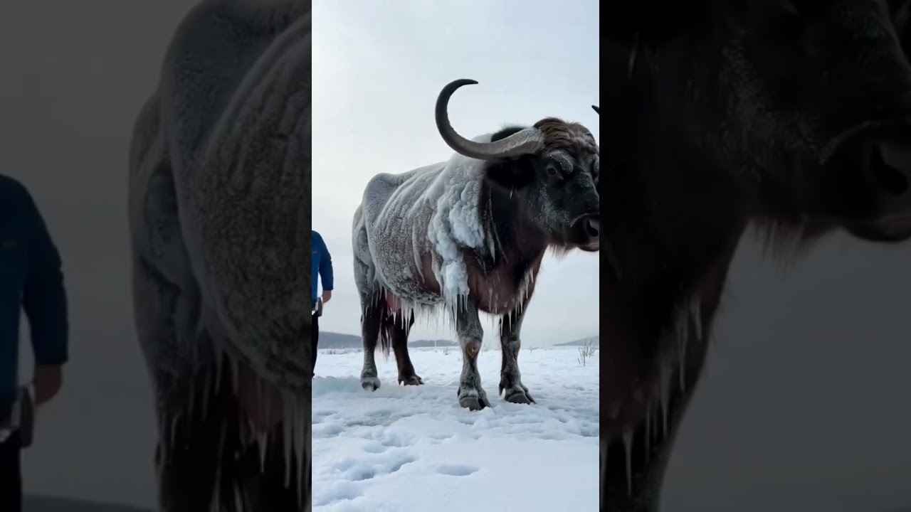 A man breaking frozen ice to help water buffalo 