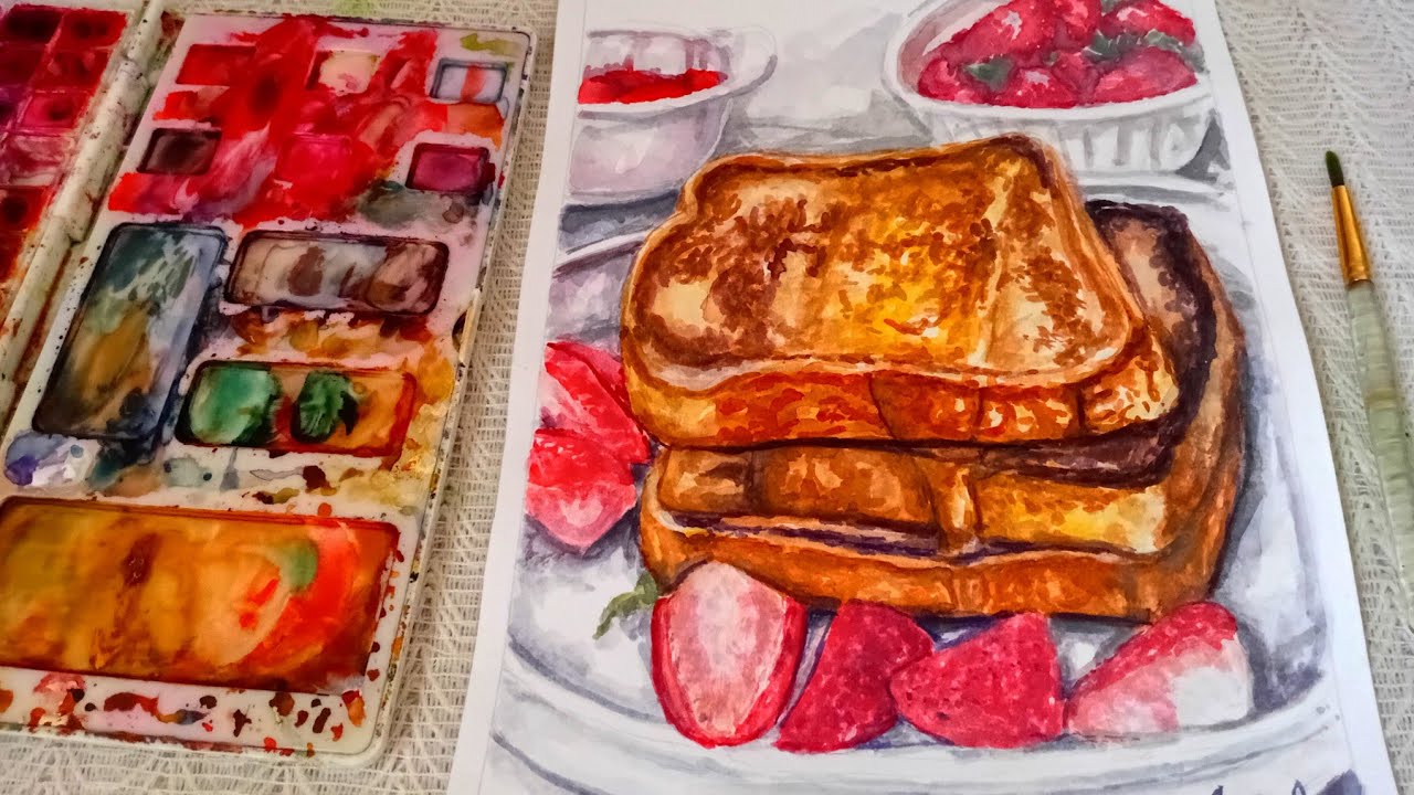 art vlog 🌱 cozy paint with me, 🍓🍞 watercolor food art: [French Toasts with Strawberries] 