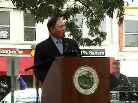 State dignitaries speak at the June 7, 2008, birthday celebration for the town of Corydon, Ind., the state's first state capitol.