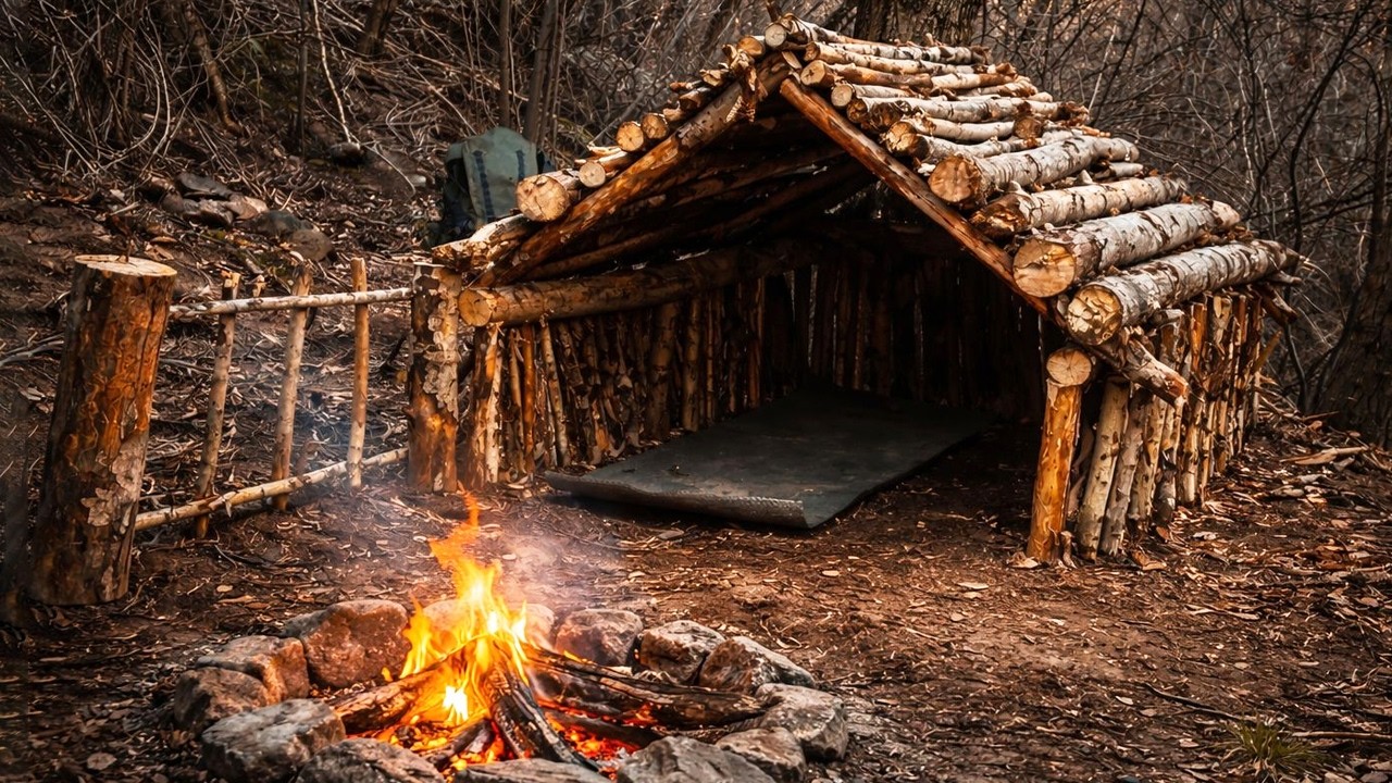 I Built a Small Log Cabin Shelter Alone in the Wild