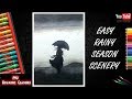 How to Draw Easy Rainy Season Scenery Drawing For Beginners I Girl with Umbrella in Dark Rain Storm