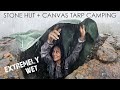 Heavy Rain Camping in Tiny Stone Hut with Canvas Tarp for Roof